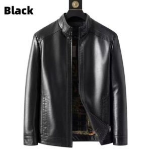 men's big size windproof leather jacket black